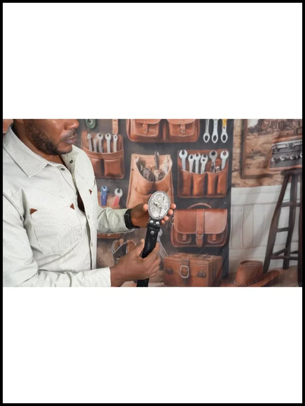 Genuine Leather Western Cowboy Belt with Removable Bull Head Buckle